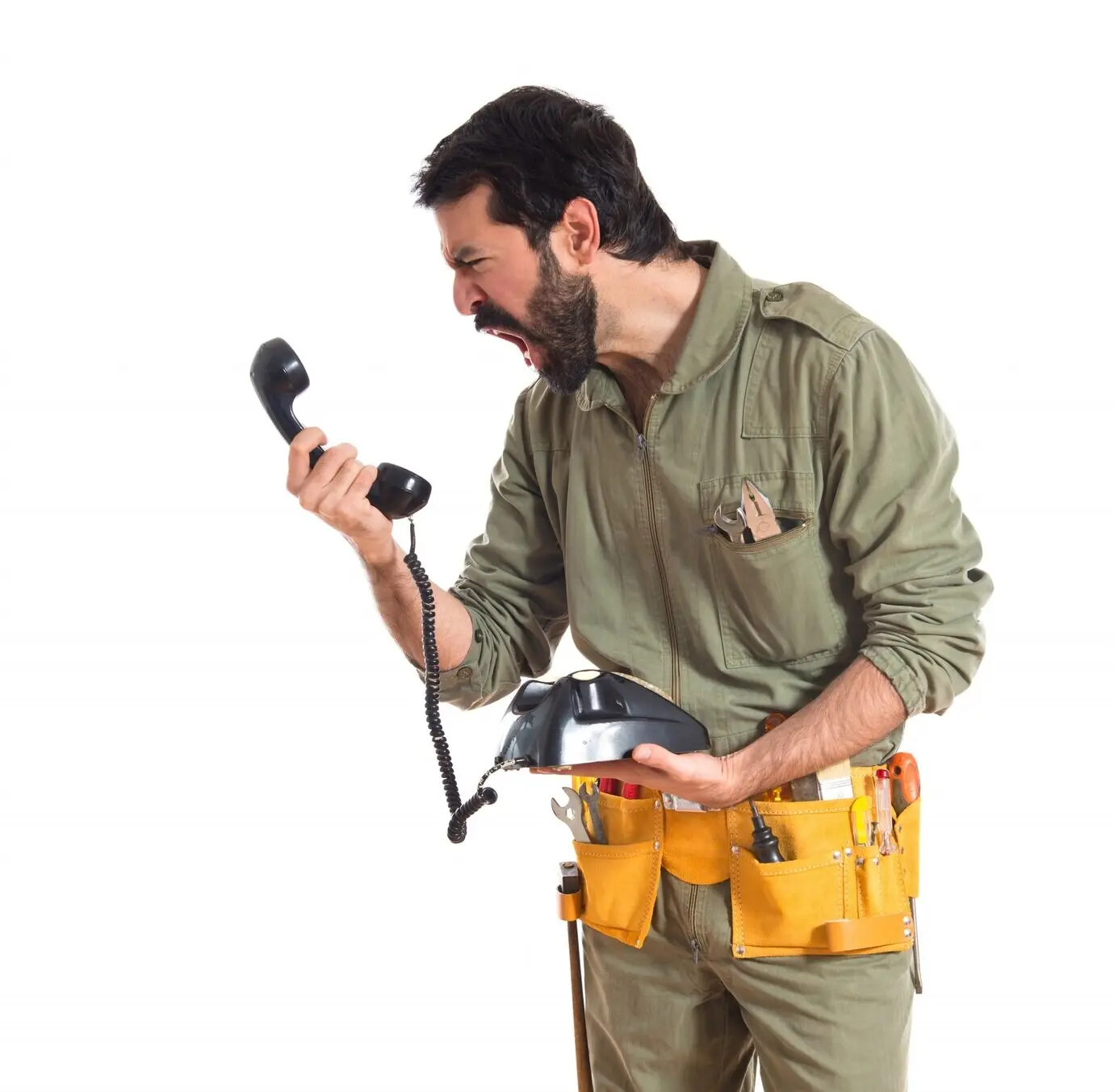 Mechaniker spricht mit einem Vintage-Telefon